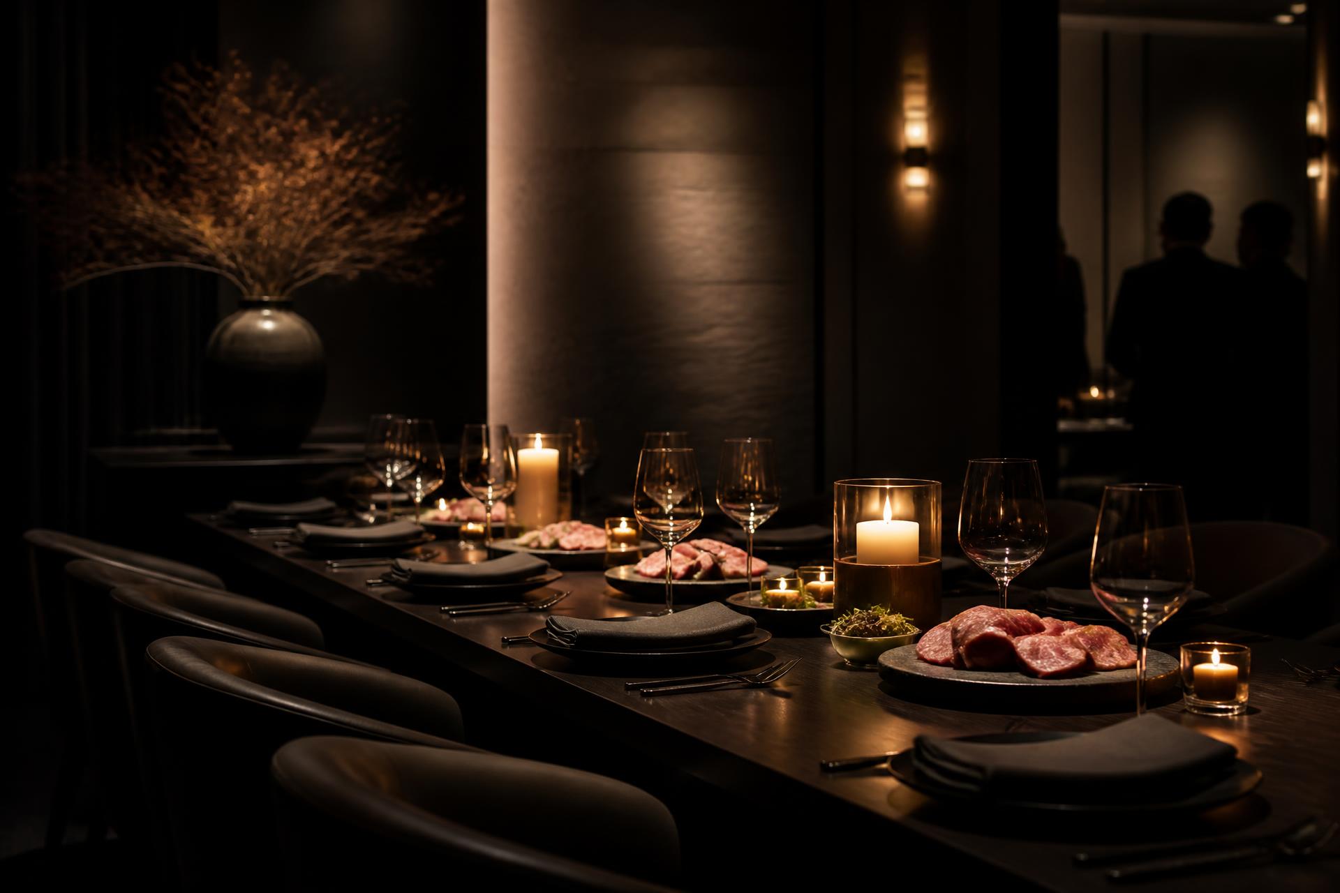 An intimate table prepared for a private Wagyu dinner